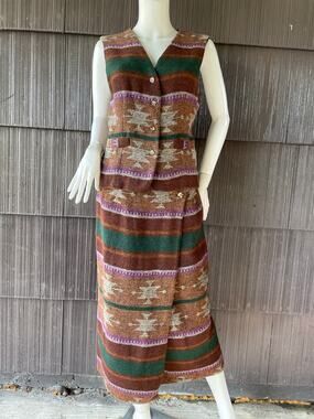 2 Pc Vintage 70s Made in USA Aztec Tribal Boho Southwestern Native Vest & Skirt